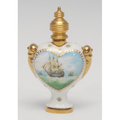 1213 - A Lynton pedestal heart shaped scent bottle, painted by Stefan Nowacki, monogrammed, with a fleet in... 