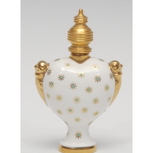 1213 - A Lynton pedestal heart shaped scent bottle, painted by Stefan Nowacki, monogrammed, with a fleet in... 