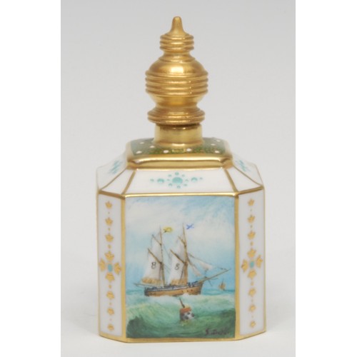 1217 - A Lynton porcelain canted square scent bottle, painted by Stefan Nowacki, with a ship on stormy seas... 