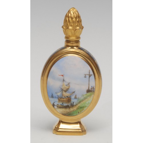 1212 - A Lynton pedestal circular scent bottle, painted by Stefan Nowacki, monogrammed, with a ship at harb... 