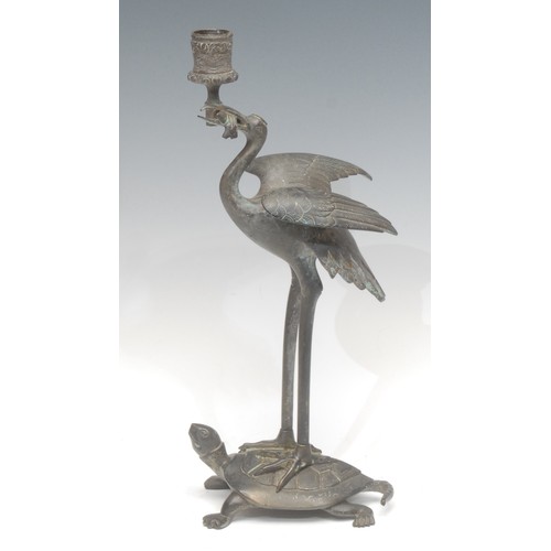 1703 - A 19th century dark patinated bronze candlestick, after Antoine-Louis Barye (1795-1875), as a stork ... 