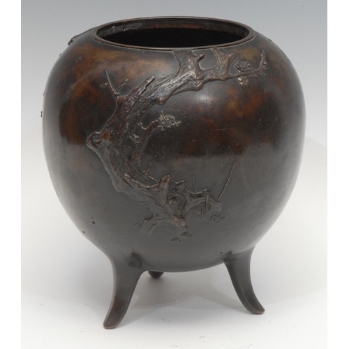 1648 - A Japanese Meiji period bronze koro or censer, applied with scenes of garden birds among blossoming ... 