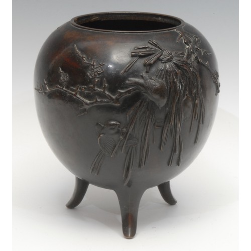 1648 - A Japanese Meiji period bronze koro or censer, applied with scenes of garden birds among blossoming ... 