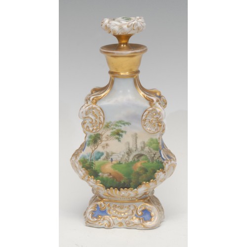 1191 - A 19th century Russian porcelain perfume or scent bottle and stopper, decorated with landscaped view... 