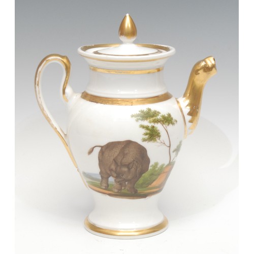 1194 - A 19th Paris porcelain coffee pot and cover, decorated with a camel and a rhinoceros on a white grou... 