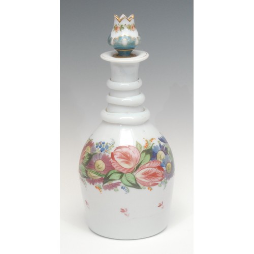 1373 - A Victorian Bristol camphor glass decanter, hand-painted in enamel with a band of flowers, the stopp... 