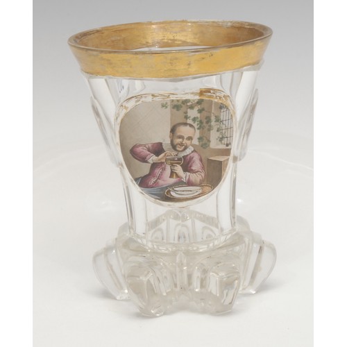 1357 - A 19th century German cut glass and enamel beaker, gilt rim above a central roundel depicting an ari... 