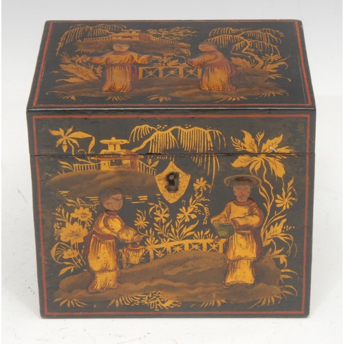 1514 - A 19th century chinoiserie and japanned tea caddy, the hinged cover depicting two scholars applied i... 