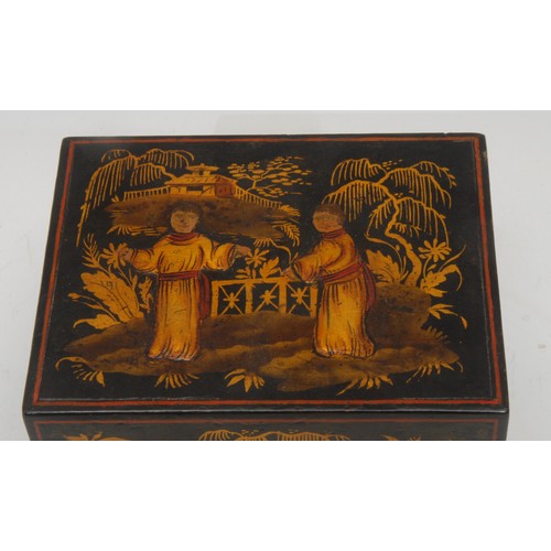 1514 - A 19th century chinoiserie and japanned tea caddy, the hinged cover depicting two scholars applied i... 