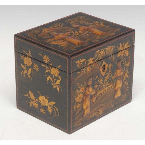 1514 - A 19th century chinoiserie and japanned tea caddy, the hinged cover depicting two scholars applied i... 