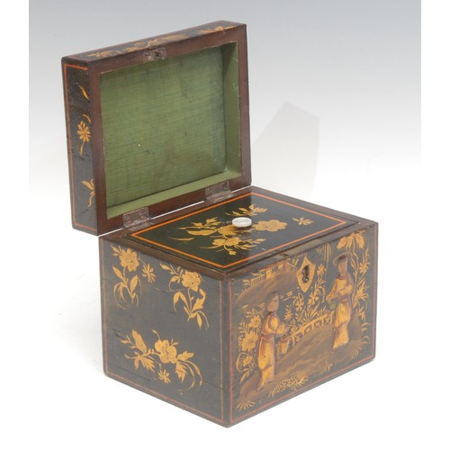 1514 - A 19th century chinoiserie and japanned tea caddy, the hinged cover depicting two scholars applied i... 