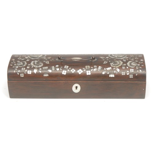 1874 - A William IV rosewood and mother of pearl inlaid glove box, the domed cover decorated with roses and... 