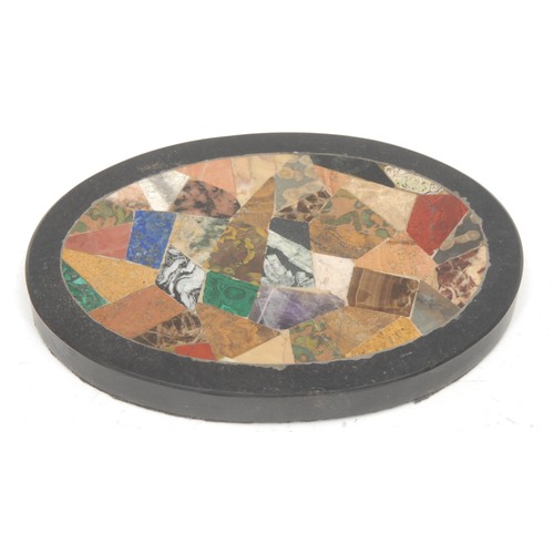 1857 - A pietra dura oval desk weight, inlaid with blue john, marble, onyx, and other specimen stones, 14cm... 