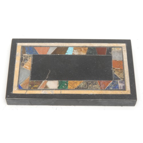 1858 - A pietra dura rectangular desk weight, inlaid with blue john, marble, onyx, and other specimen stone... 