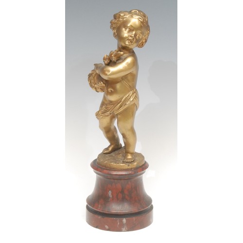 1963 - French School (19th century), a figural gilt bronze, of a Putti with laurels, marble base, 29cm high... 