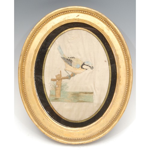 847 - A George III silk embroidery, by Susannah Cleveland, depicting a green parakeet, 13cm x 19cm, label ... 