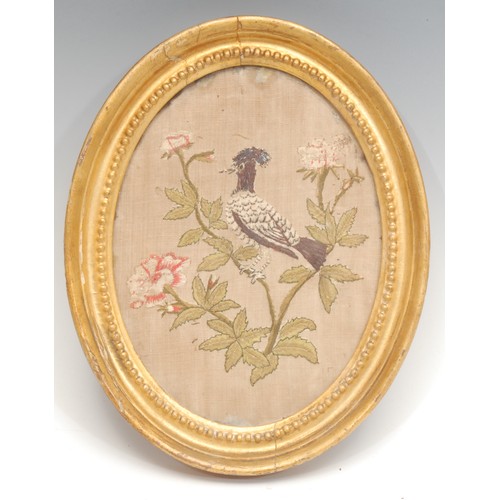 847 - A George III silk embroidery, by Susannah Cleveland, depicting a green parakeet, 13cm x 19cm, label ... 