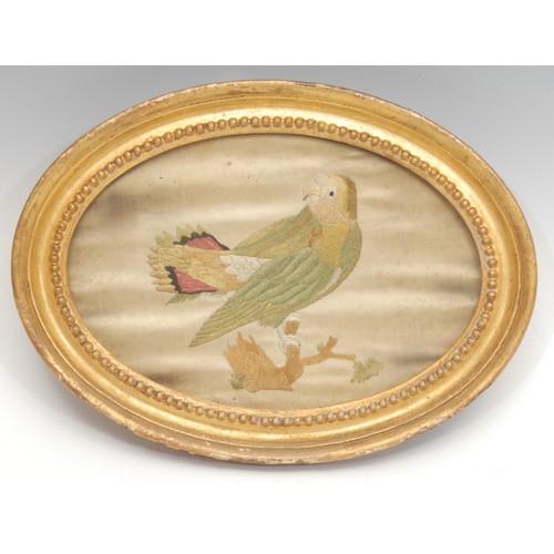 847 - A George III silk embroidery, by Susannah Cleveland, depicting a green parakeet, 13cm x 19cm, label ... 