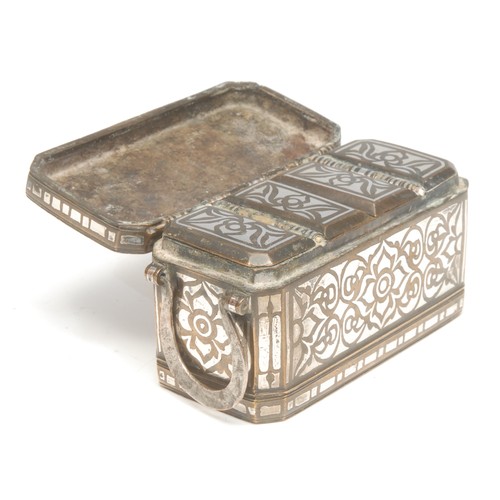 1856 - A Philippines silver inlaid brass betel box, of canted rectangular shape, the hinged cover decorated... 