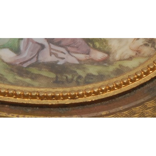 1517 - A 19th century Continental gilt metal oval sewing box, the hinged cover mounted with maidens attende... 