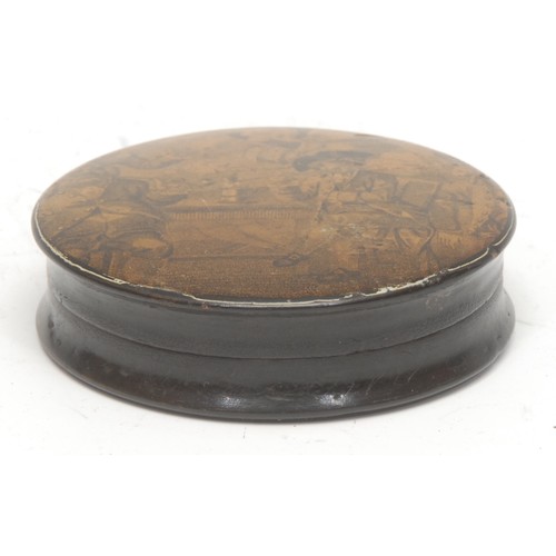 1805 - A 19th century papier-mâché waisted circular snuff box, the press close cover depicting an eighteent... 