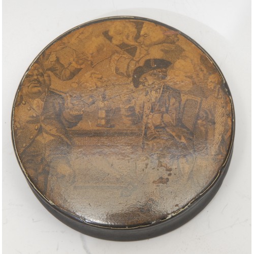 1805 - A 19th century papier-mâché waisted circular snuff box, the press close cover depicting an eighteent... 