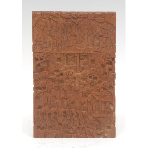 1817 - A Cantonese sandalwood card case, carved throughout with scenes of scholars in domestic settings, 10... 