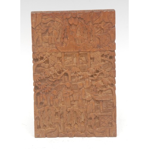 1817 - A Cantonese sandalwood card case, carved throughout with scenes of scholars in domestic settings, 10... 