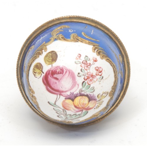 1930 - A George III South Staffordshire enamel and brass mounted bonbonniere, hand-painted with roses withi... 