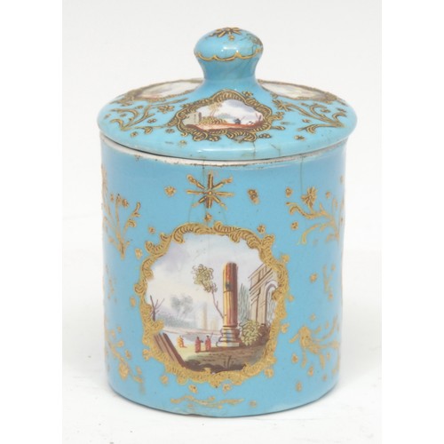 1931 - A George III South Staffordshire enamel mustard and cover, alternating panels of hand-painted Arcadi... 