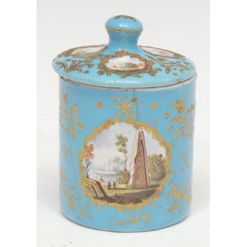 1931 - A George III South Staffordshire enamel mustard and cover, alternating panels of hand-painted Arcadi... 