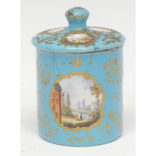 1931 - A George III South Staffordshire enamel mustard and cover, alternating panels of hand-painted Arcadi... 