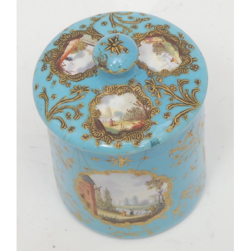 1931 - A George III South Staffordshire enamel mustard and cover, alternating panels of hand-painted Arcadi... 