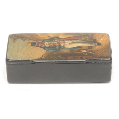 1866 - A Victorian papier-mâché snuff box, the hinged cover painted with a country gentleman carrying an um... 