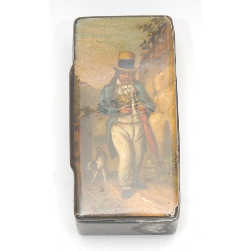 1866 - A Victorian papier-mâché snuff box, the hinged cover painted with a country gentleman carrying an um... 