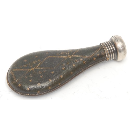 1868 - A Victorian silver mounted scent bottle, the leather case picked out in gilt, screw close cap, 9.5cm... 