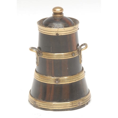 1894 - Treen - a mahogany and brass bound novelty inkwell, as a milk churn, screw close cover above a pair ... 