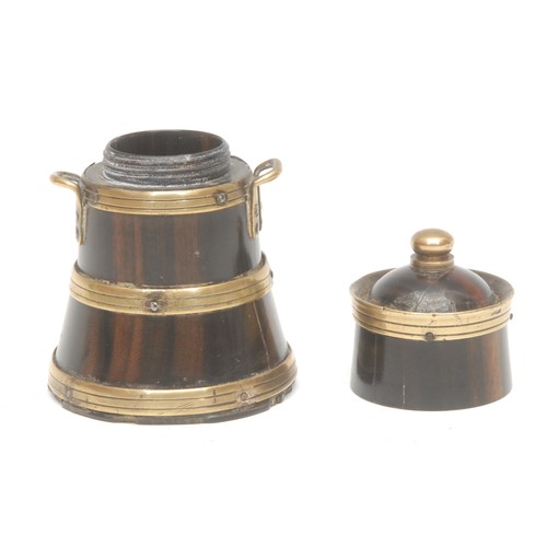 1894 - Treen - a mahogany and brass bound novelty inkwell, as a milk churn, screw close cover above a pair ... 