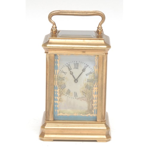 1717 - A Continental brass and ceramic miniature carriage clock, the panels hand painted with maidens in ru... 