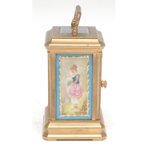 1717 - A Continental brass and ceramic miniature carriage clock, the panels hand painted with maidens in ru... 