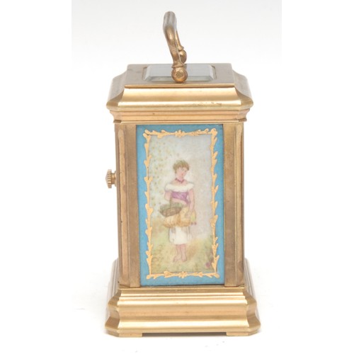 1717 - A Continental brass and ceramic miniature carriage clock, the panels hand painted with maidens in ru... 