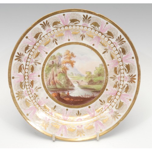 1280 - A Flight Barr and Barr Worcester circular plate, the field painted with a riverside scene, under an ... 