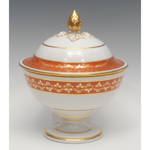 1268 - A Barr Flight and Barr circular pedestal tureen and cover, orange borders with stylised flower and f... 