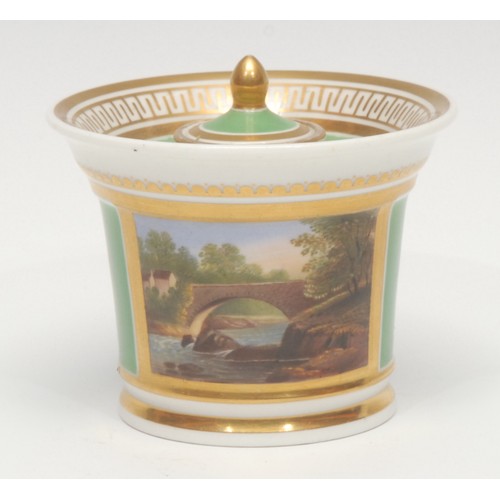 1317 - A Chamberlain Worcester named view circular inkwell, with cover and liner, painted with Bridge at Ra... 