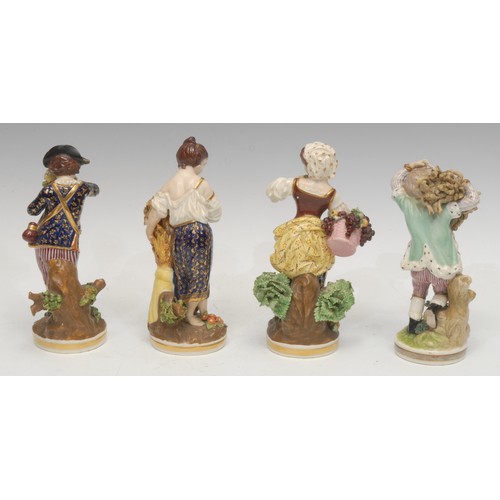 1336 - A set of four Derby figures, Allegorical of the Four Seasons, Spring, he stands, wearing a broad bri... 