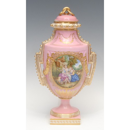 1276 - A Coalport porcelain pedestal urnular two handled vase and cover, finely painted in the Watteauesque... 