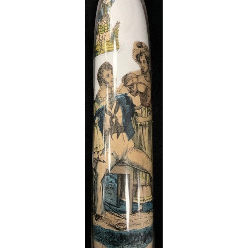 1359 - A 19th century glass rolling pin, internally decorated with hand coloured cuttings and pictures, inc... 