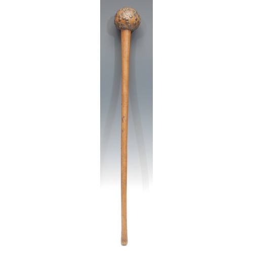 1455 - Tribal Art - a Zulu knobkerrie, domed head applied with brass tacks, 68.5cm long, South Africa, c.19... 