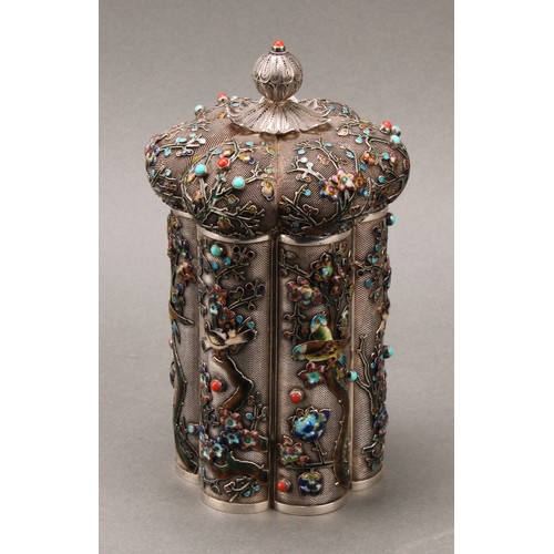 215 - A Chinese silver and enamel lobed cylindrical pagoda shaped tea caddy, double-walled and applied on ... 