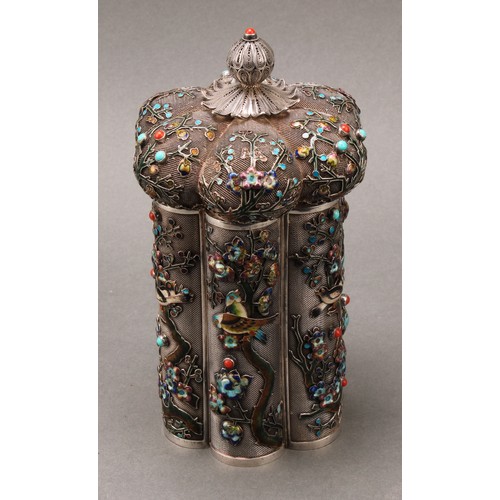 215 - A Chinese silver and enamel lobed cylindrical pagoda shaped tea caddy, double-walled and applied on ... 